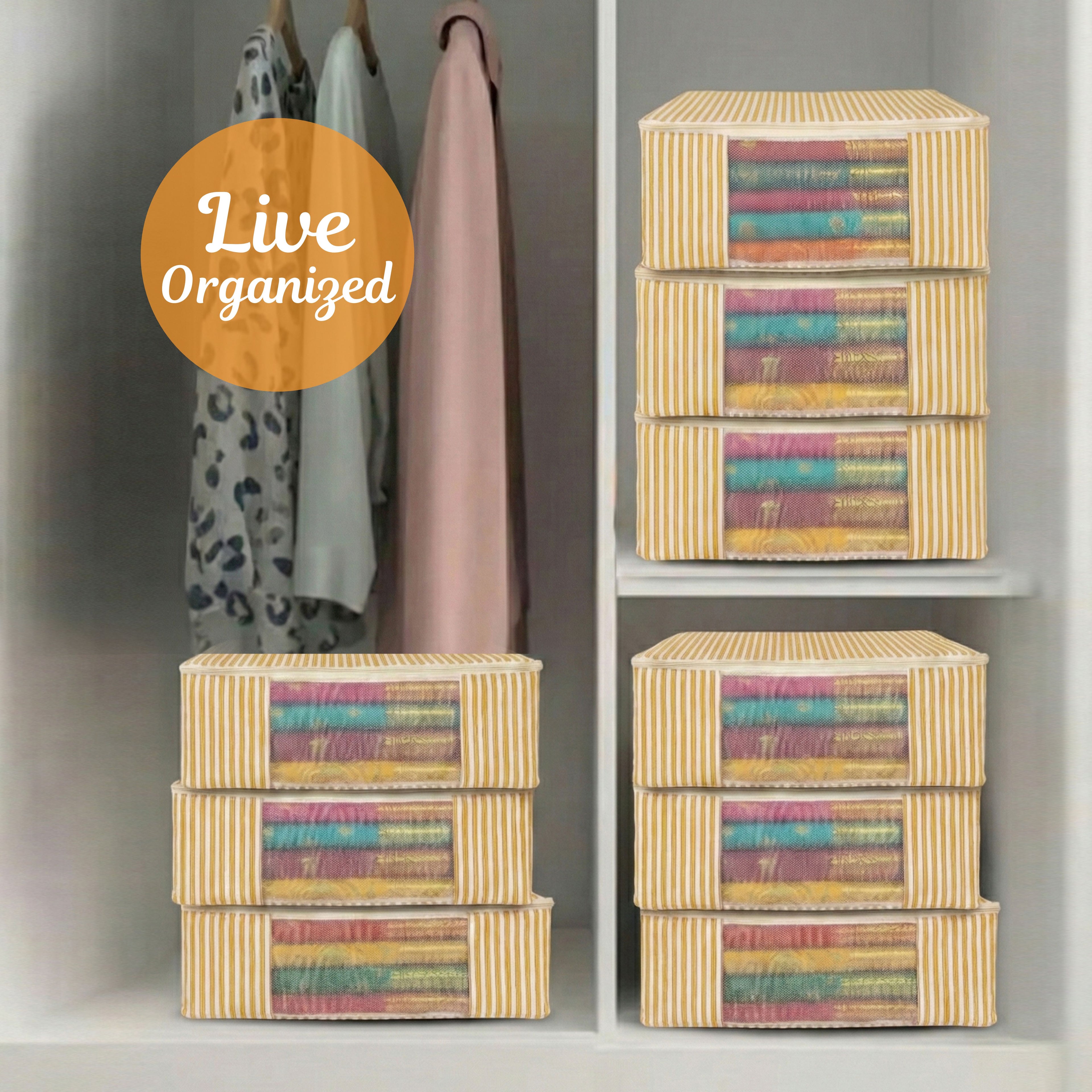Yellow saree organizer bags  stacked on a cupboard (NC-SRO-YLW)