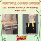 Promotional offer for bamboo towels and Treo tote bags with text on a light green background.