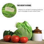 Green mesh shopping bag with vegetables and a container on a white background, featuring text about tare weight. PT-MSH-NGR