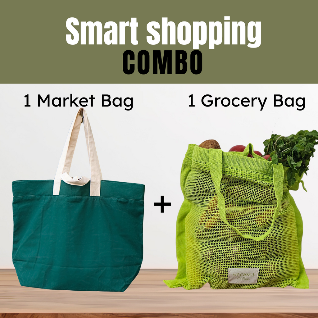 NECAVU Smart Shop Bundle | 1 Market Bag + 1 Set Grocery Bags (Pack of 2) | Eco-Friendly & Reusable Shopping Bag Combo
