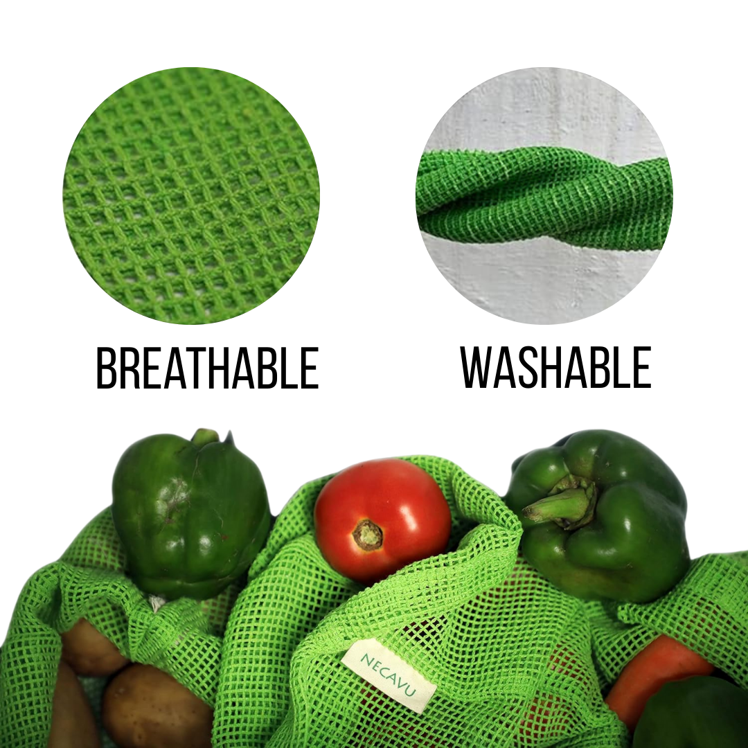 Green reusable mesh produce bag with vegetables, showing breathability and washability features. PT-MSH-NGR