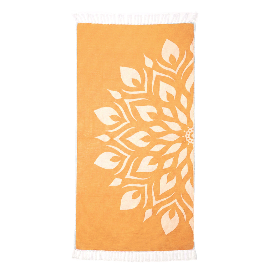 Orange towel with white leaf pattern on a white background VU-MND-SUN