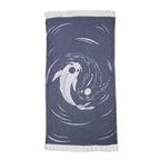 Navy blue towel with white koi fish design on a white background VU-YNG-IND