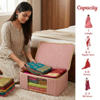Woman organizing sarees into a Red striped saree storage bags with capacity information on the side. (NC-SRO-RED)