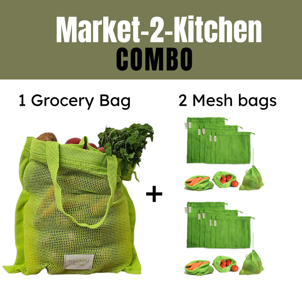 NECAVU Market-2-Kitchen Duo | 1 Set Grocery Bags (Pack of 2) & 2 Sets Mesh Bags (Pack of 6 Each) | Eco-Friendly Shopping & Storage Combo