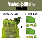 NECAVU Market-2-Kitchen Duo | 1 Set Grocery Bags (Pack of 2) & 2 Sets Mesh Bags (Pack of 6 Each) | Eco-Friendly Shopping & Storage Combo