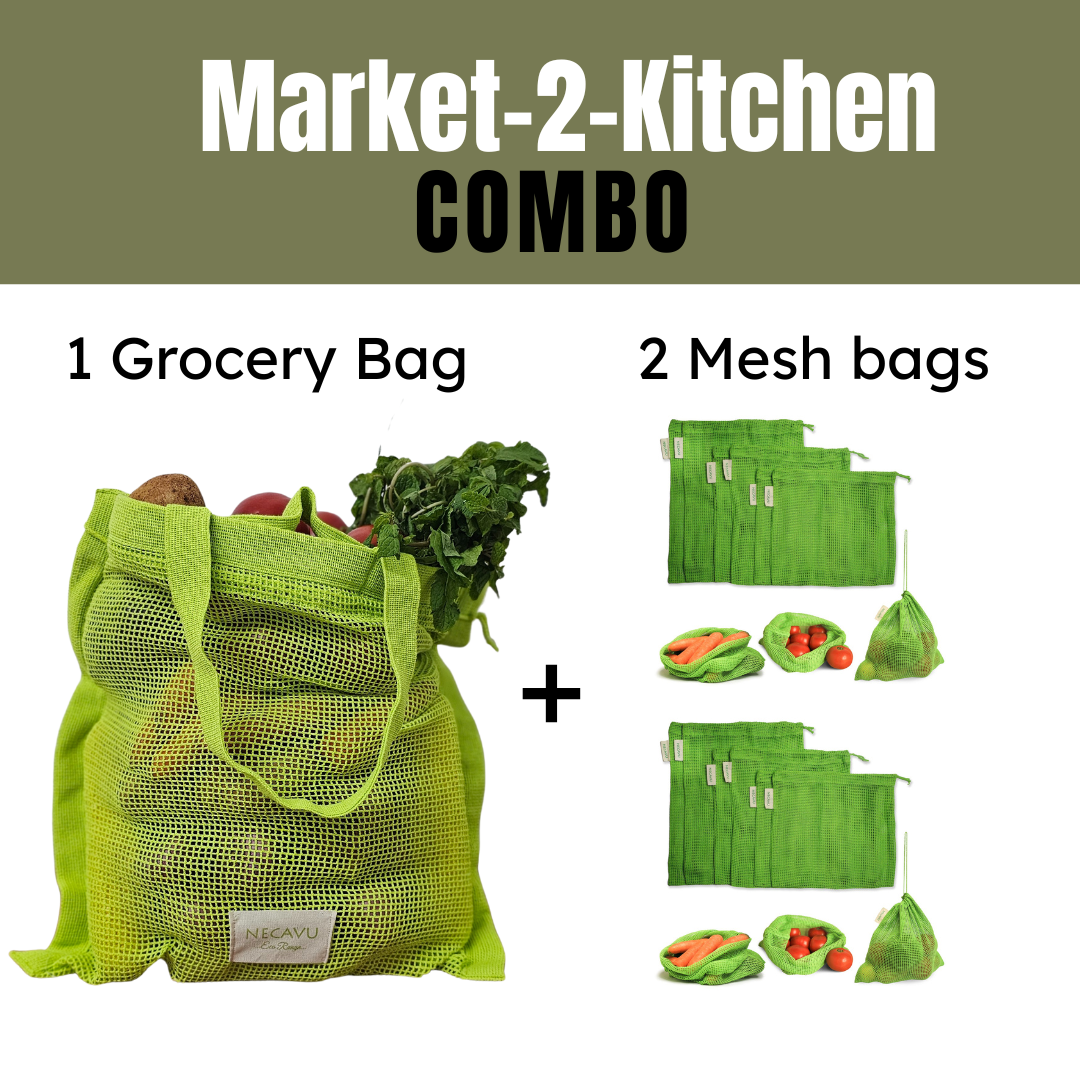 NECAVU Market-2-Kitchen Duo | 1 Set Grocery Bags (Pack of 2) & 2 Sets Mesh Bags (Pack of 6 Each) | Eco-Friendly Shopping & Storage Combo