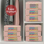 Stacked colorful storage boxes in a closet with 'Live Organized' text. (NC-SRO-RED)