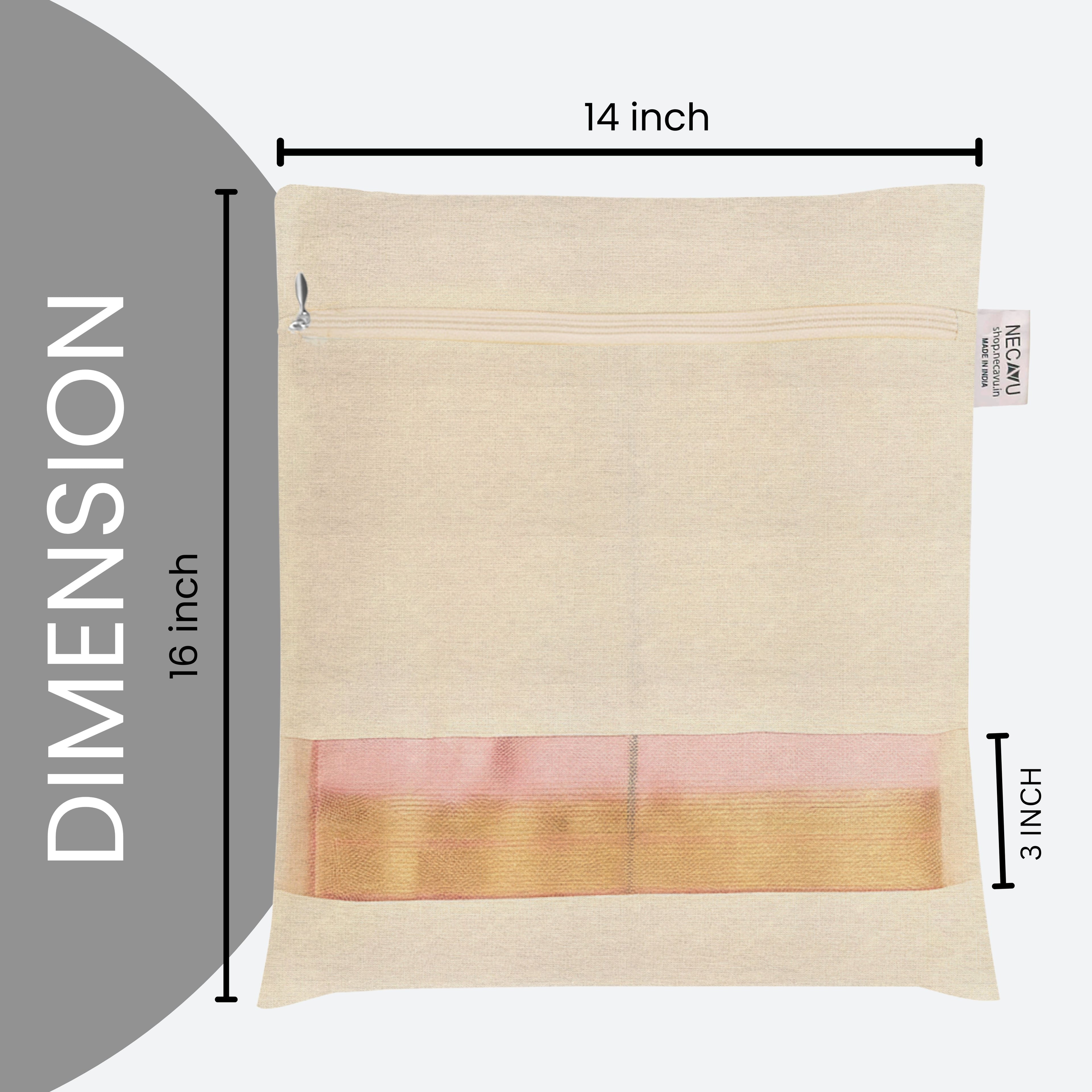 Natural Saree bag labeled with dimensions on a white background (NC-SRZ-NRL)