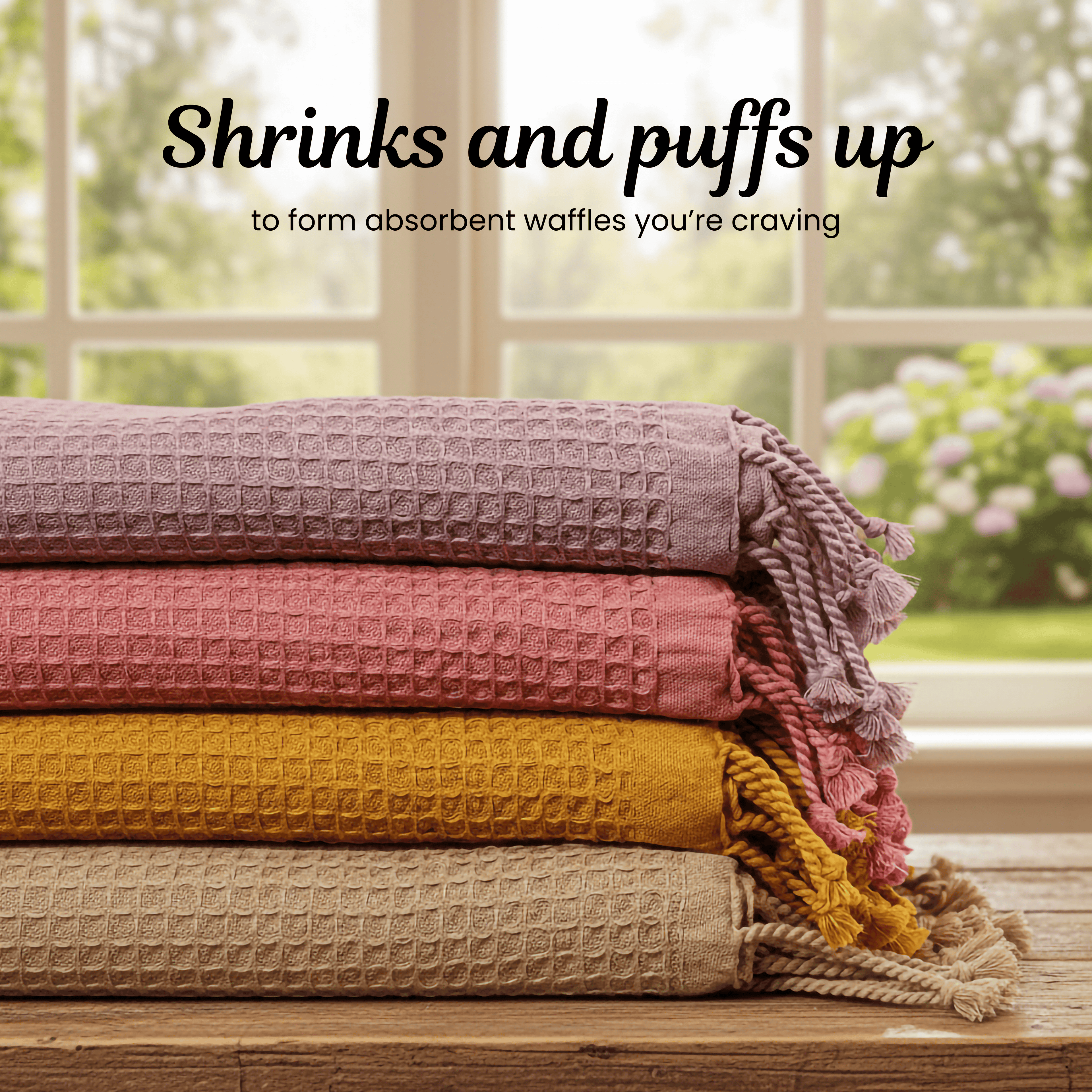 Stack of colorful textured towels on a wooden surface (SKU:[PT-WFL-YLW PT-WFL-LAC PT-WFL-BRK  PT-WFL-BIS ]