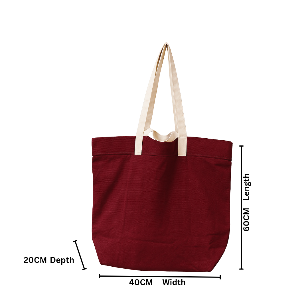 Marron tote bag with beige handles and dimensions labeled on a white  background  NC-JMB-MRN
