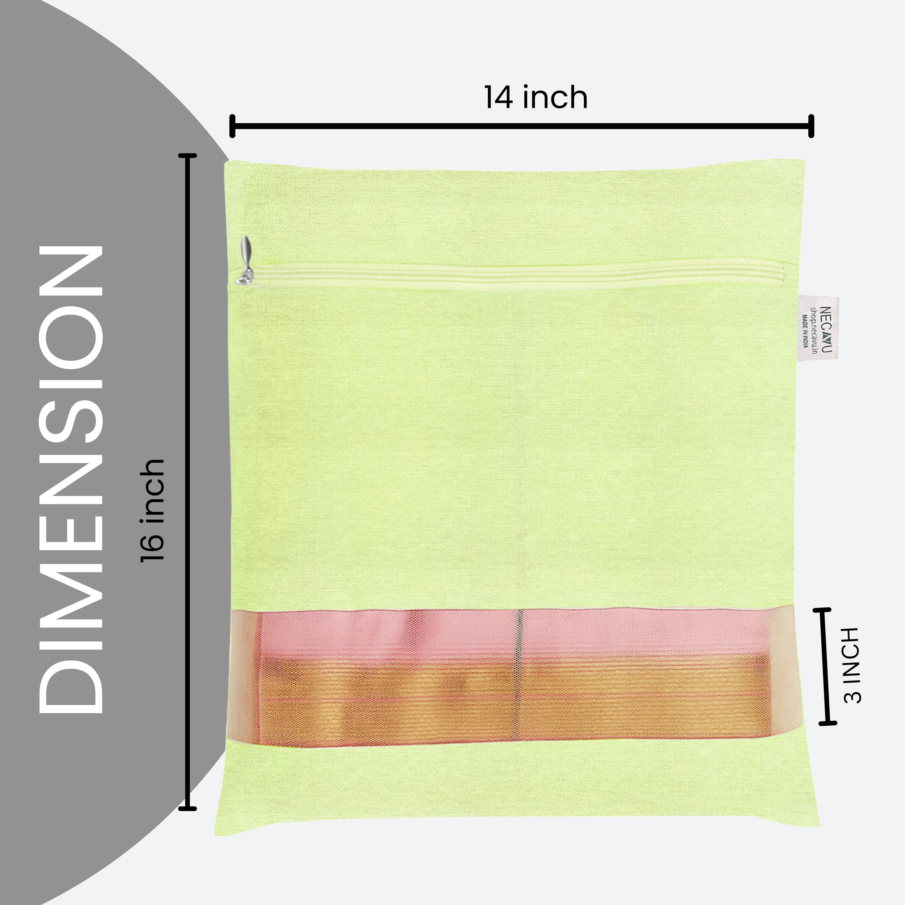 Green Saree bag with dimensions labeled on a white background (NC-SRZ-GRN)