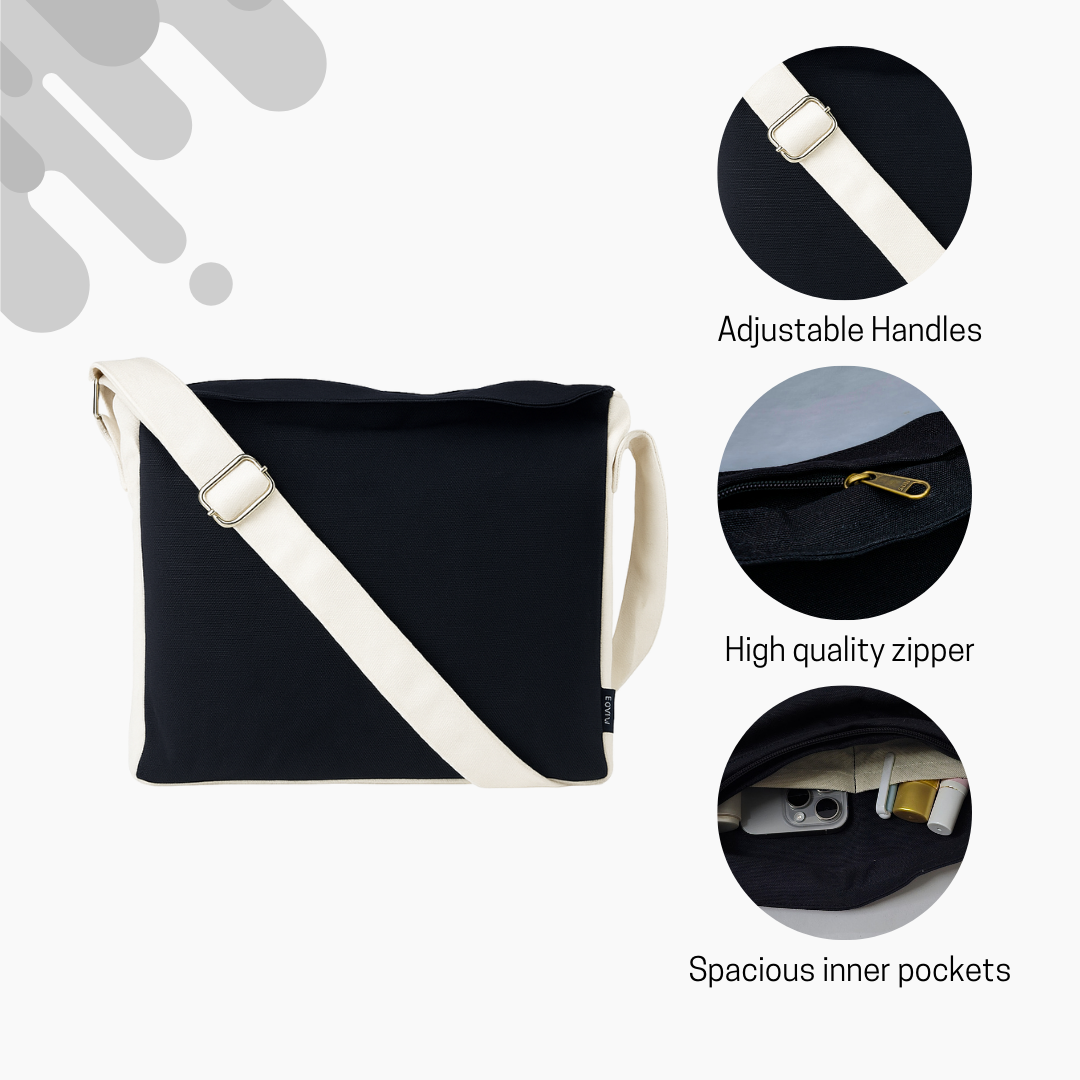 Black bag with white strap and features highlighted on a gray background NC-DMC-BLK