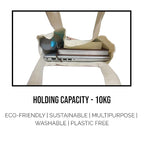 Beige tote bag with electronic devices inside, labeled with holding capacity and sustainability features.