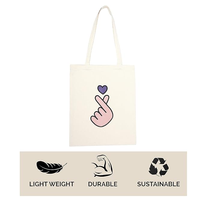 Tote bag with a hand gesture design and sustainability icons on a white background