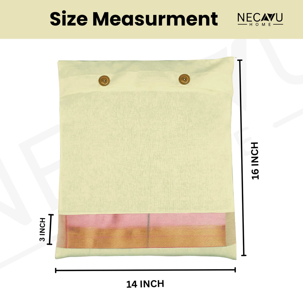 Measurement chart for a off white saree bag product with dimensions and brand name. (NC-SRB-OWT)