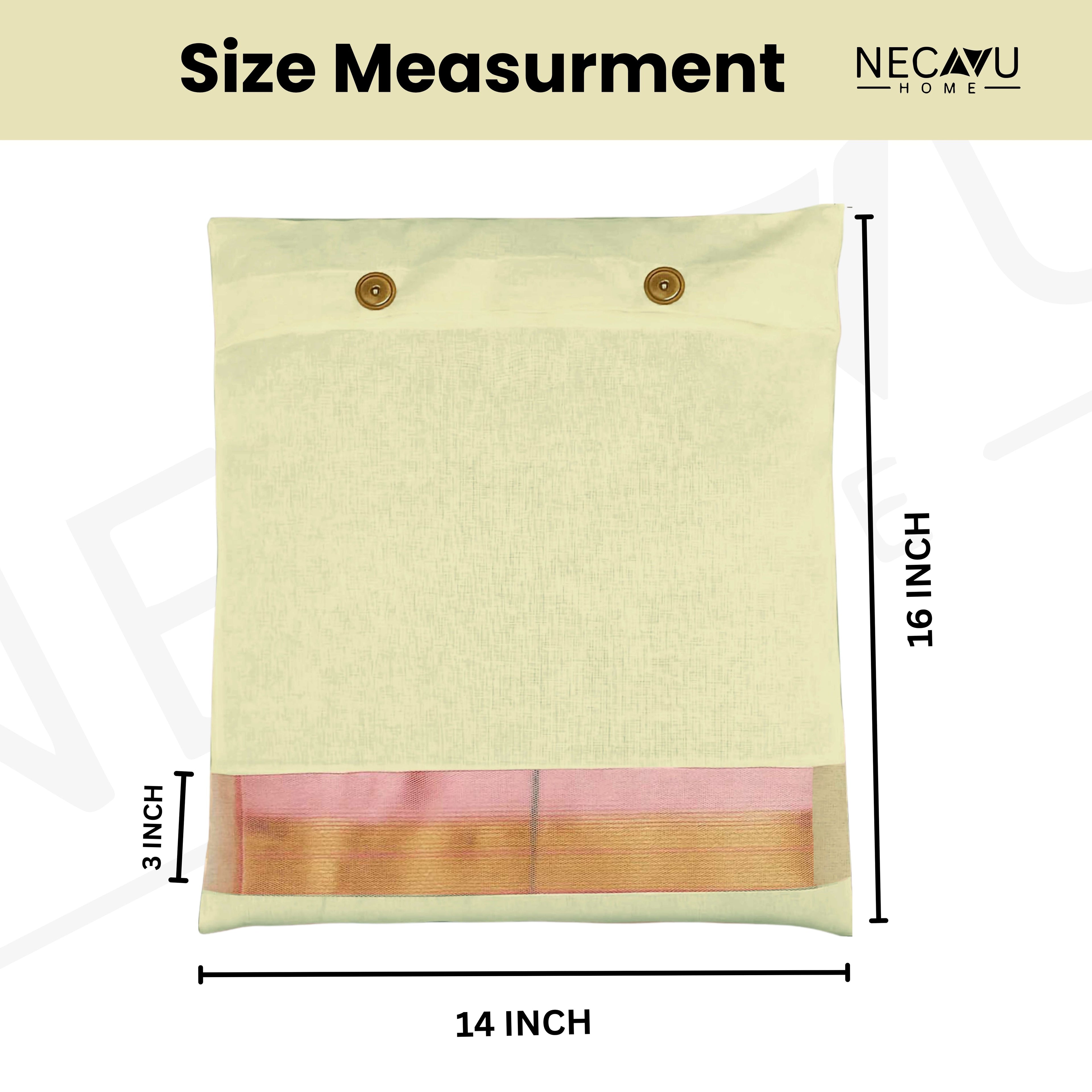 Measurement chart for a off white saree bag product with dimensions and brand name. (NC-SRB-OWT)