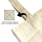 Close-up of a beige tote bag with cross-stitching at handles on a white background.