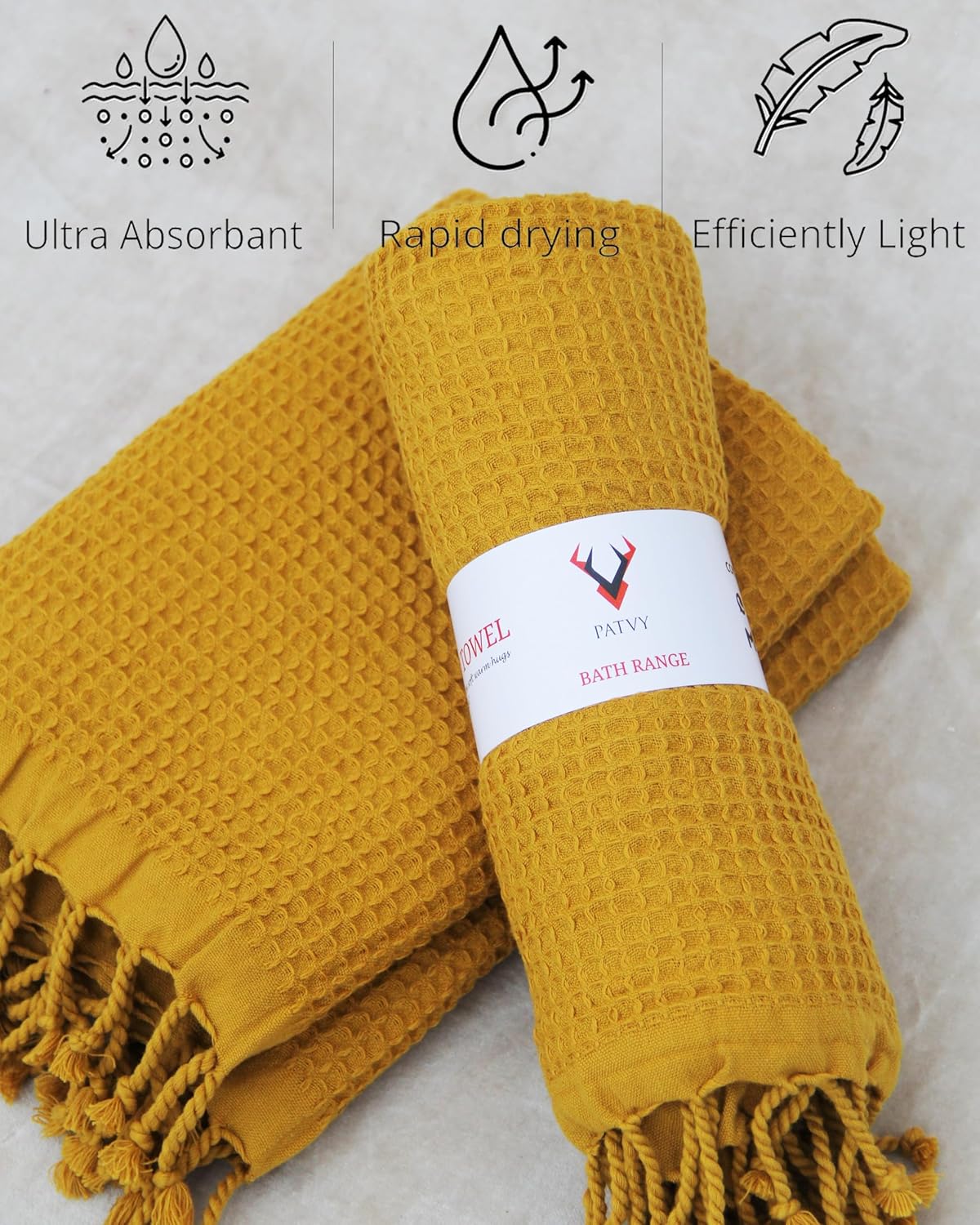 PATVY Bath Towels - 100% Cotton Waffle Weave Large Size Towels (75 x 150cm) - Quick Absorption &Faster Drying Bath Towel for Women & Men (Pack of 1, Mustard Yellow)