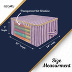 Violet striped storage bags with transparent net window and measurements on a blue background (NC-SRO-VLT)