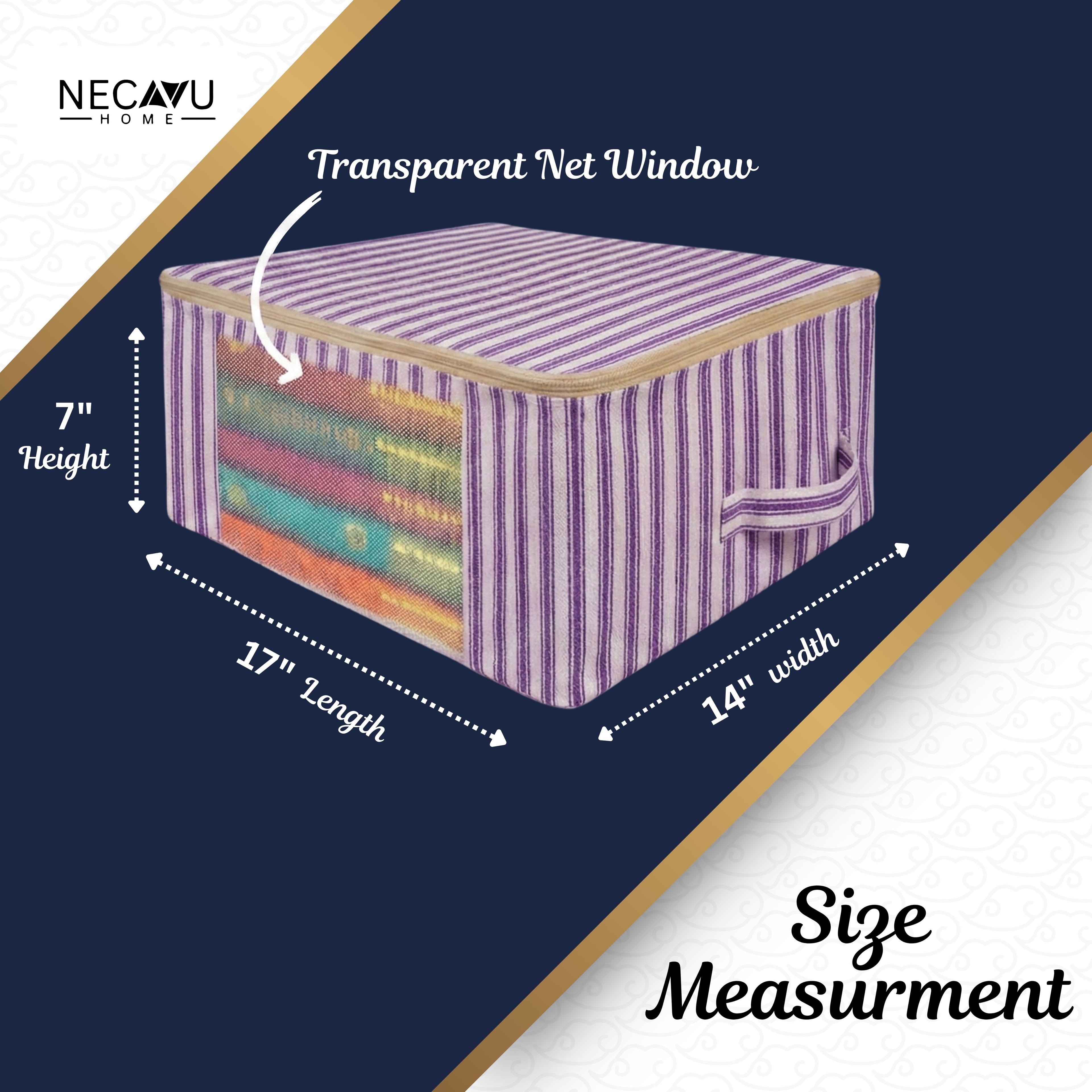 Violet striped storage bags with transparent net window and measurements on a blue background (NC-SRO-VLT)