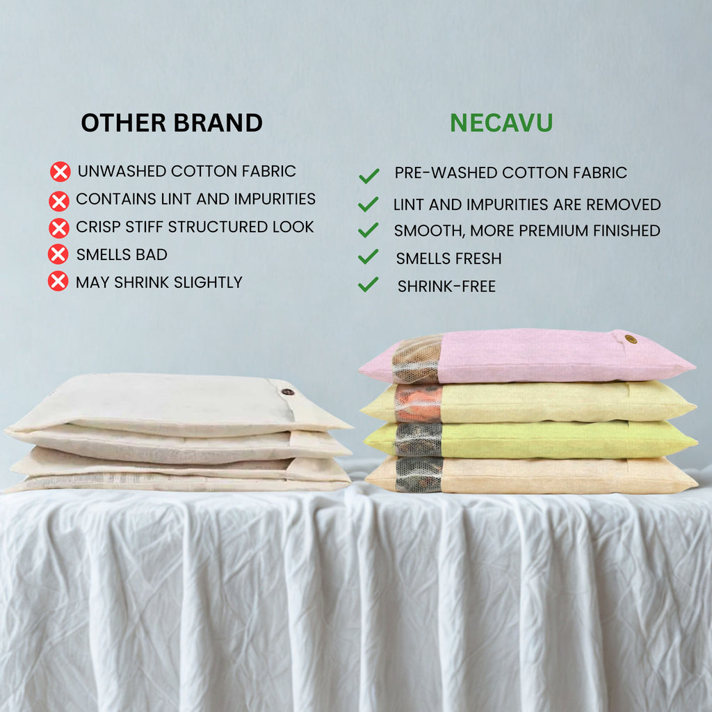Comparison chart between 'Other Brand' and 'NECAVU' on a light gray background with fabric samples. (NC-SRB-GRN,NC-SRB-OWT,NC-SRB-NRL,NC-SRB-LAV)