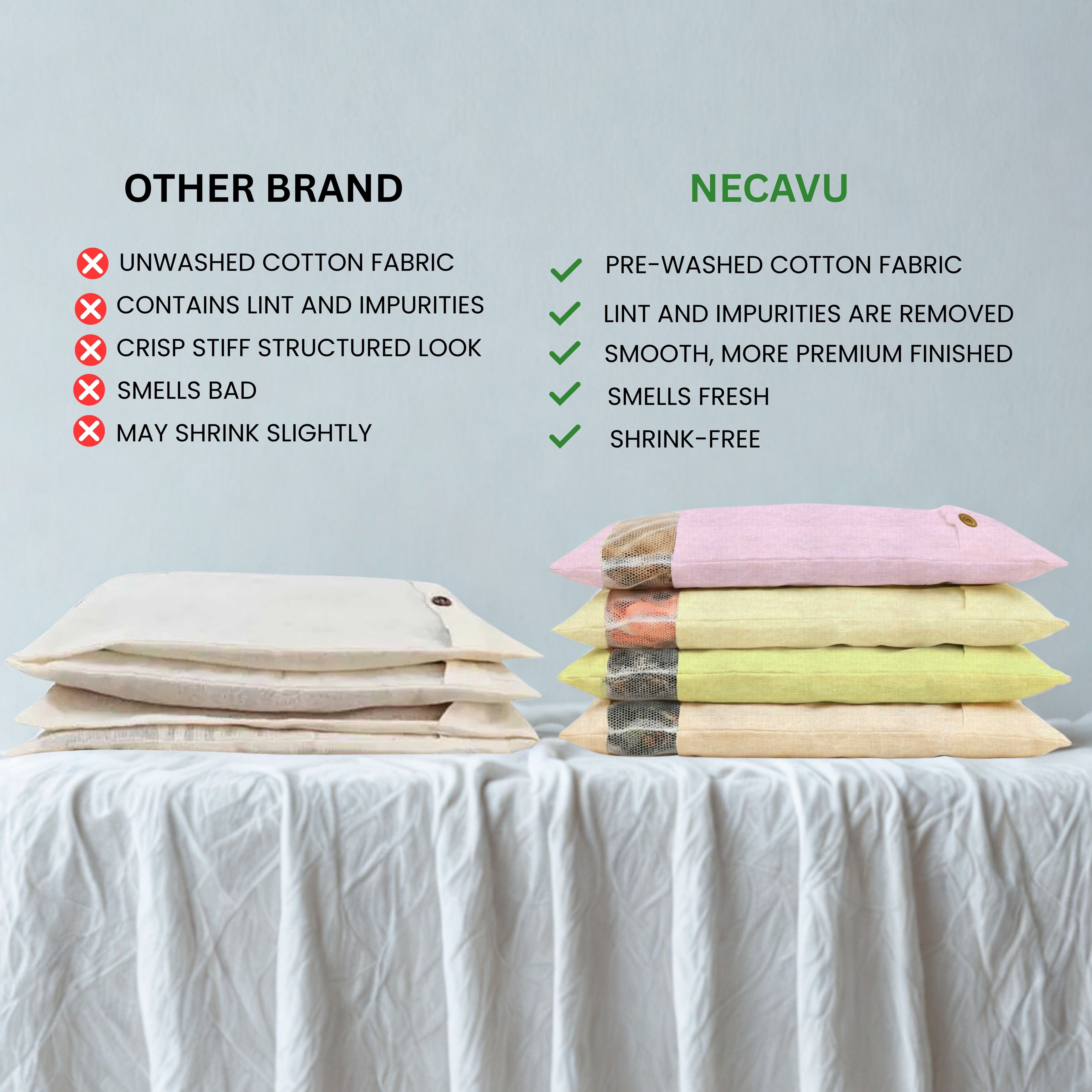 Comparison chart between 'Other Brand' and 'NECAVU' on a light gray background with fabric samples. (NC-SRB-GRN,NC-SRB-OWT,NC-SRB-NRL,NC-SRB-LAV)