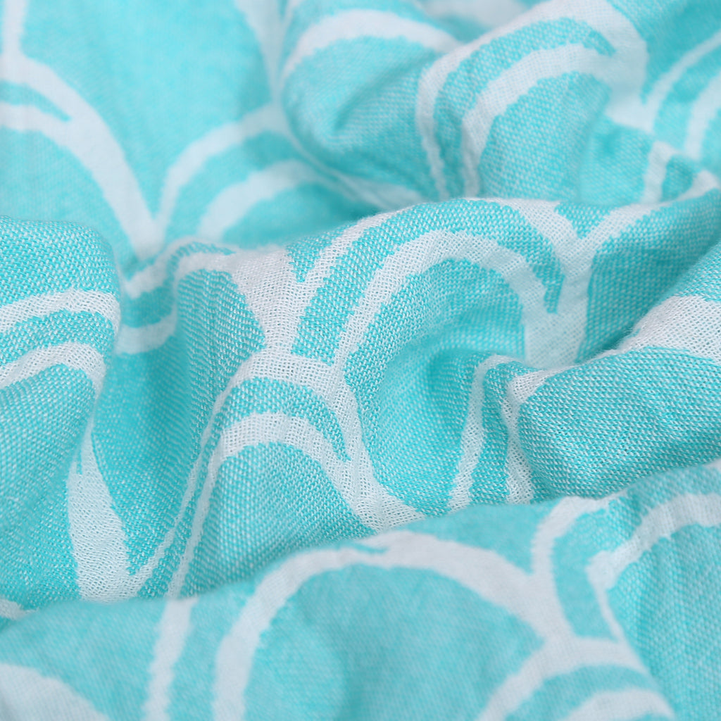 Close-up of turquoise fabric with white geometric pattern VU-OCN-SEA