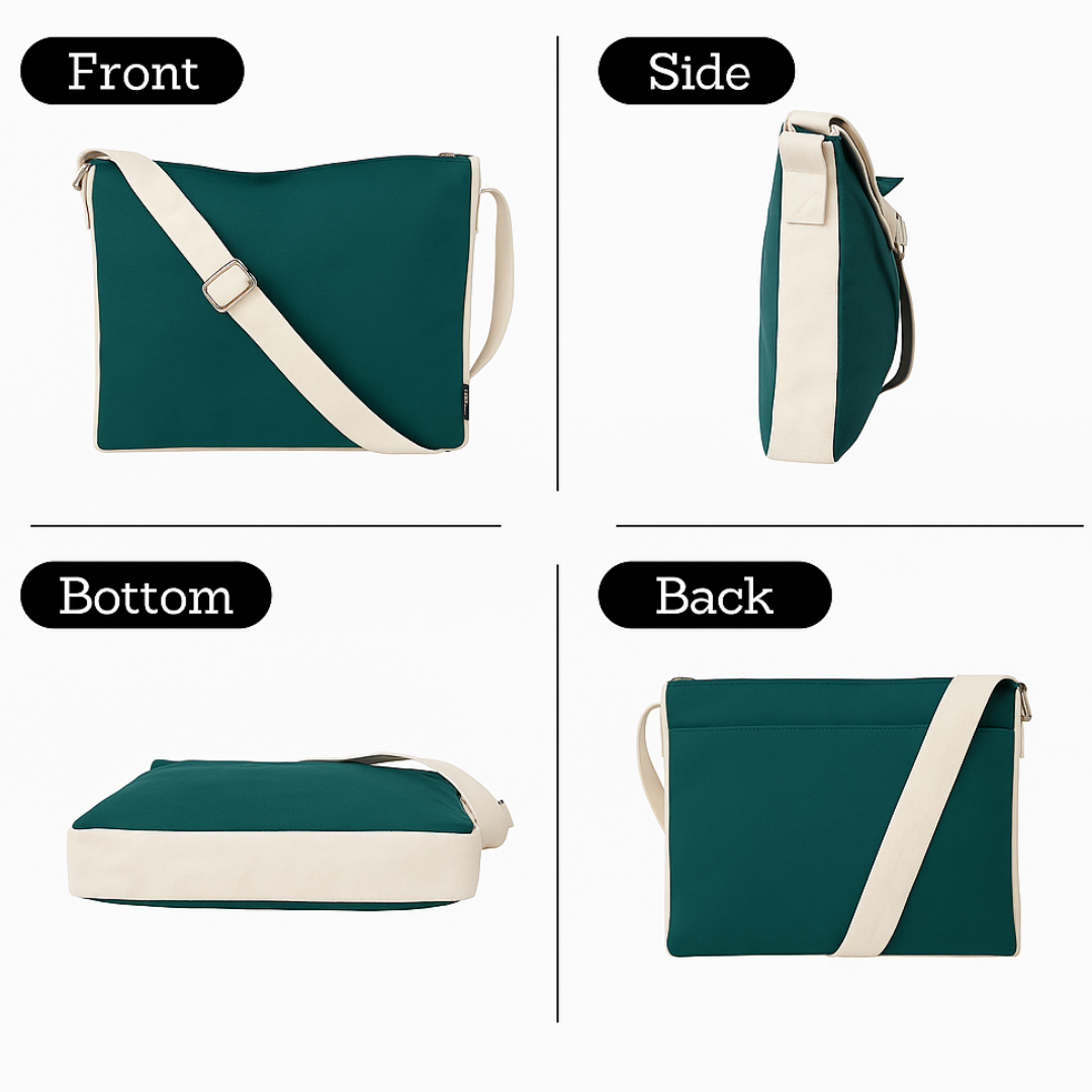 Green bag with white accents shown from front, side, bottom, and back perspectives. NC-DMC-GRN