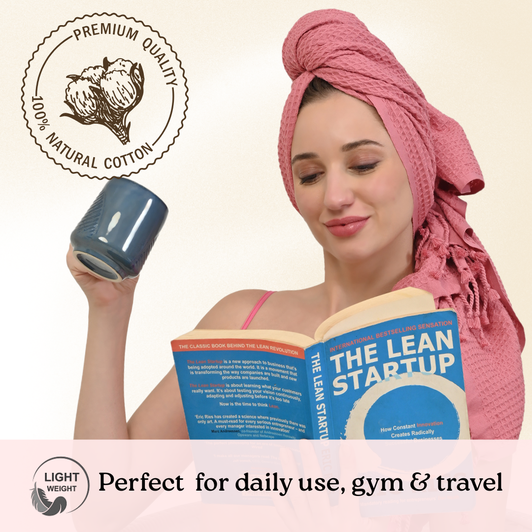 Woman with Brick waffle towel on head holding a mug and reading a book with text about premium quality and light weight.(PT-WFL-BRK)