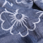 Close-up of blue fabric with white floral embroidery VU-BLO-IND