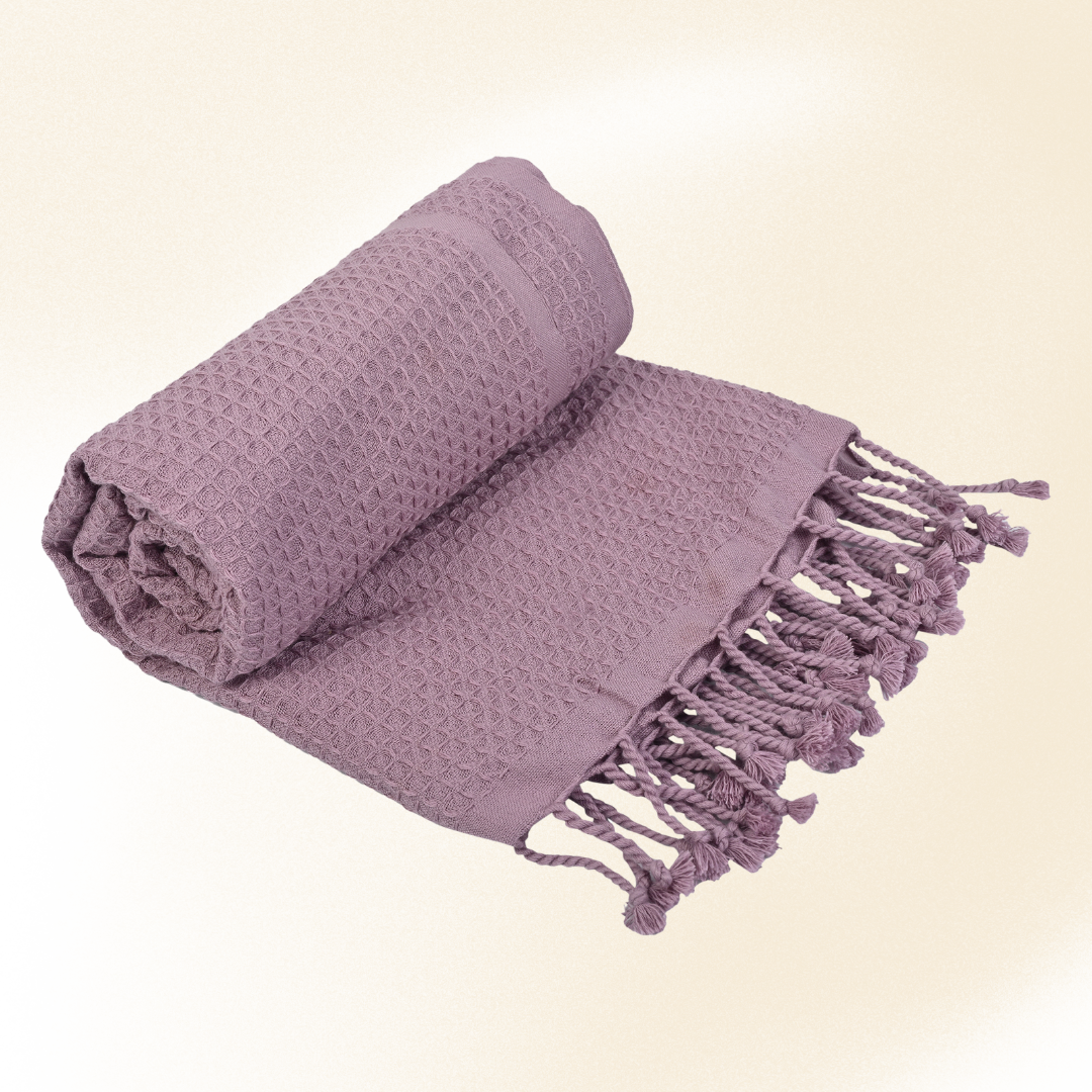 Lilac waffle towel on beige background (PT-WFL-LAC)