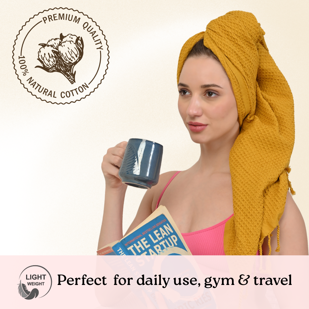 Woman with yellow waffle towel on head holding a mug and book, with 'Premium Quality' and '100% Natural Cotton' text.
(PT-WFL-YLW)