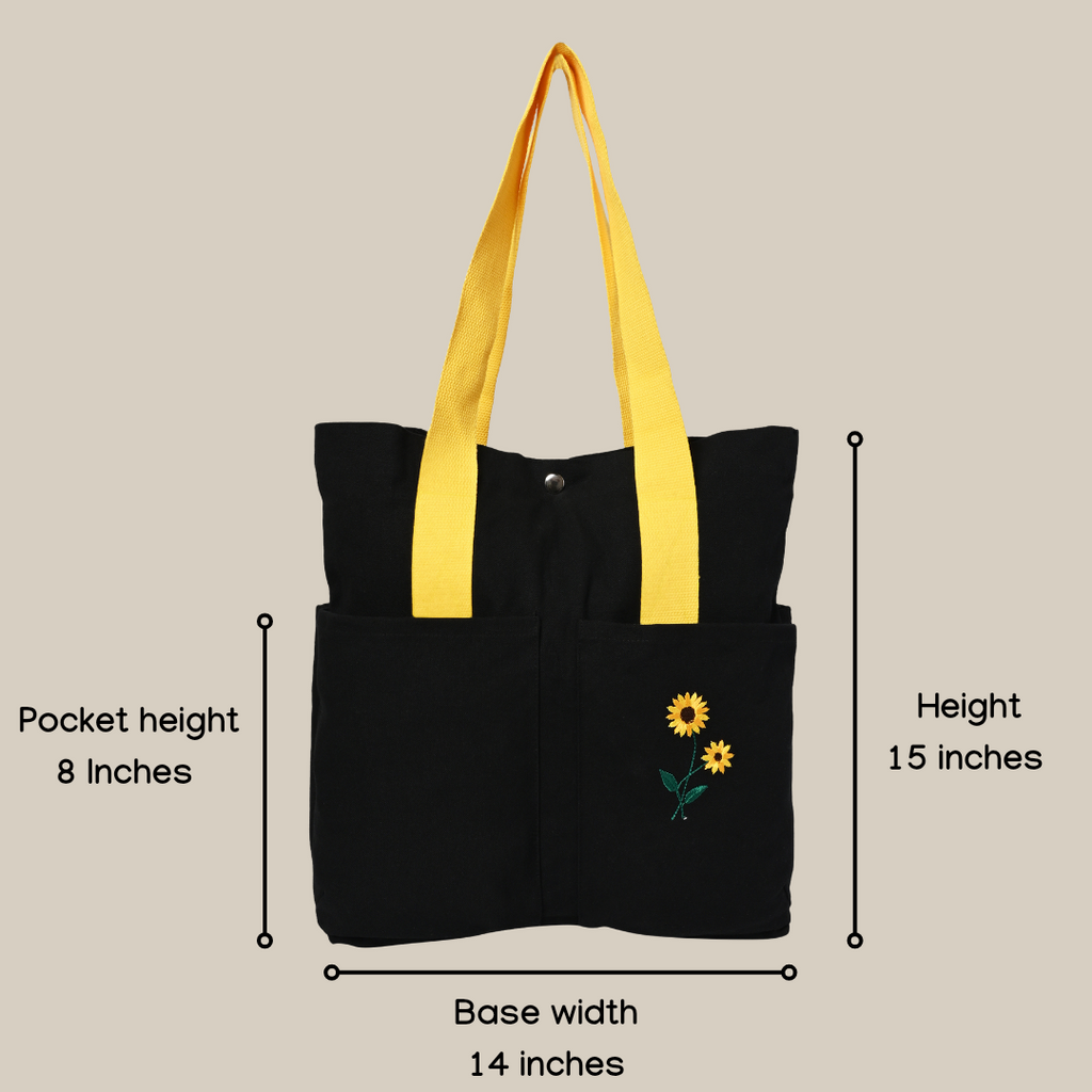 Size description of black color cotton tote bag with sunflower embroidery (PT-TRO-YLW)