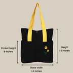 Size description of black color cotton tote bag with sunflower embroidery (PT-TRO-YLW)