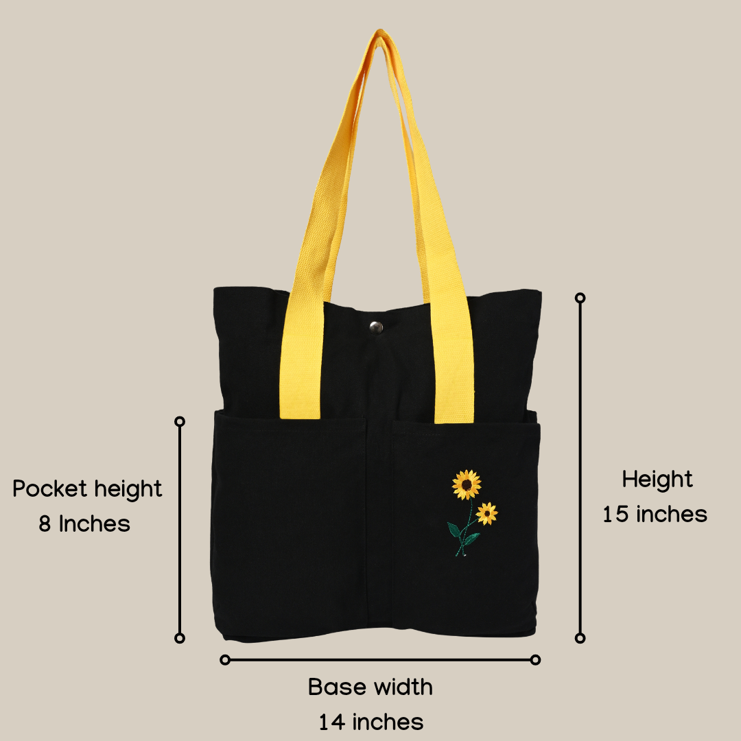Size description of black color cotton tote bag with sunflower embroidery (PT-TRO-YLW)