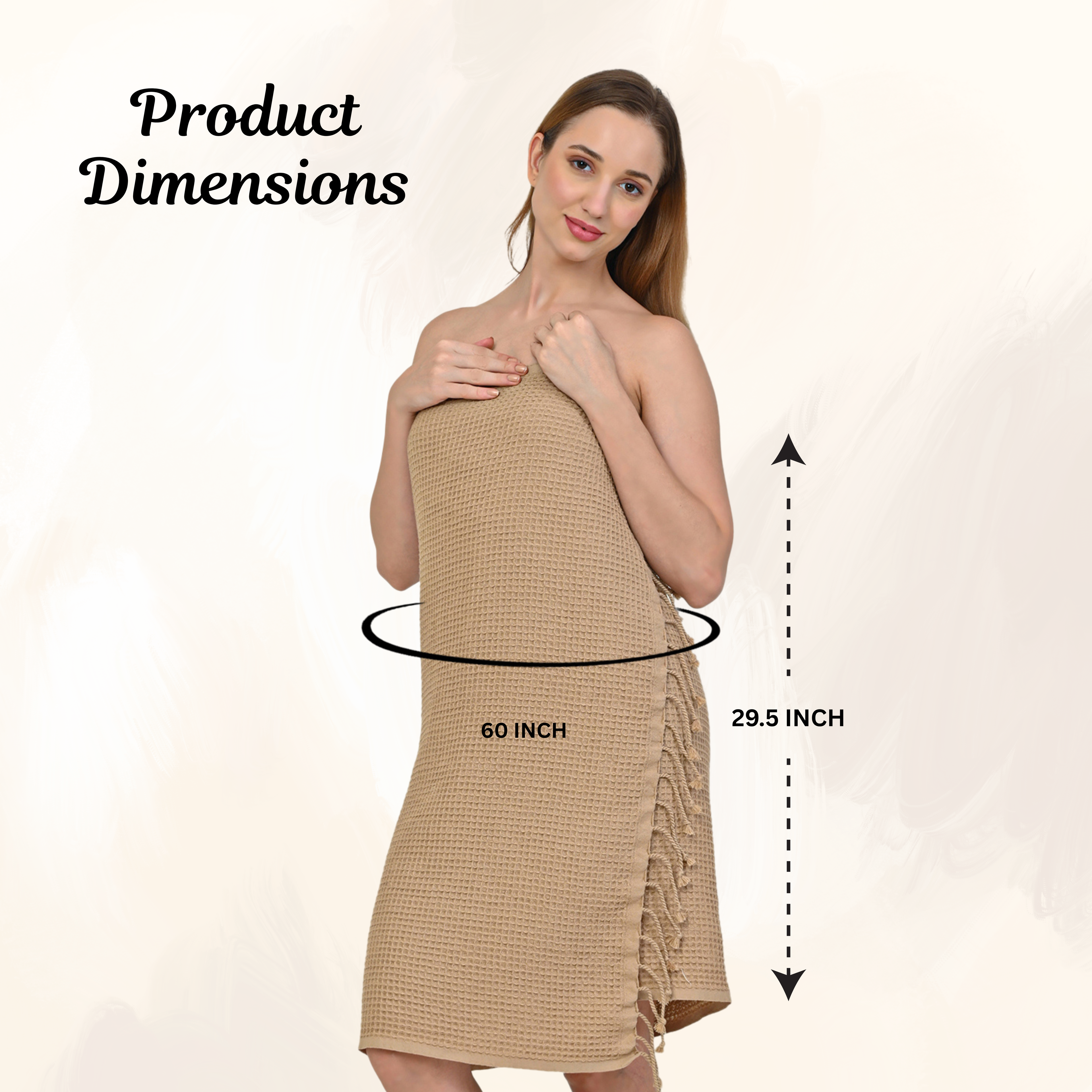 Woman wearing a beige towel with product dimensions (29.5x60 inch)(PT-WFL-BIS)