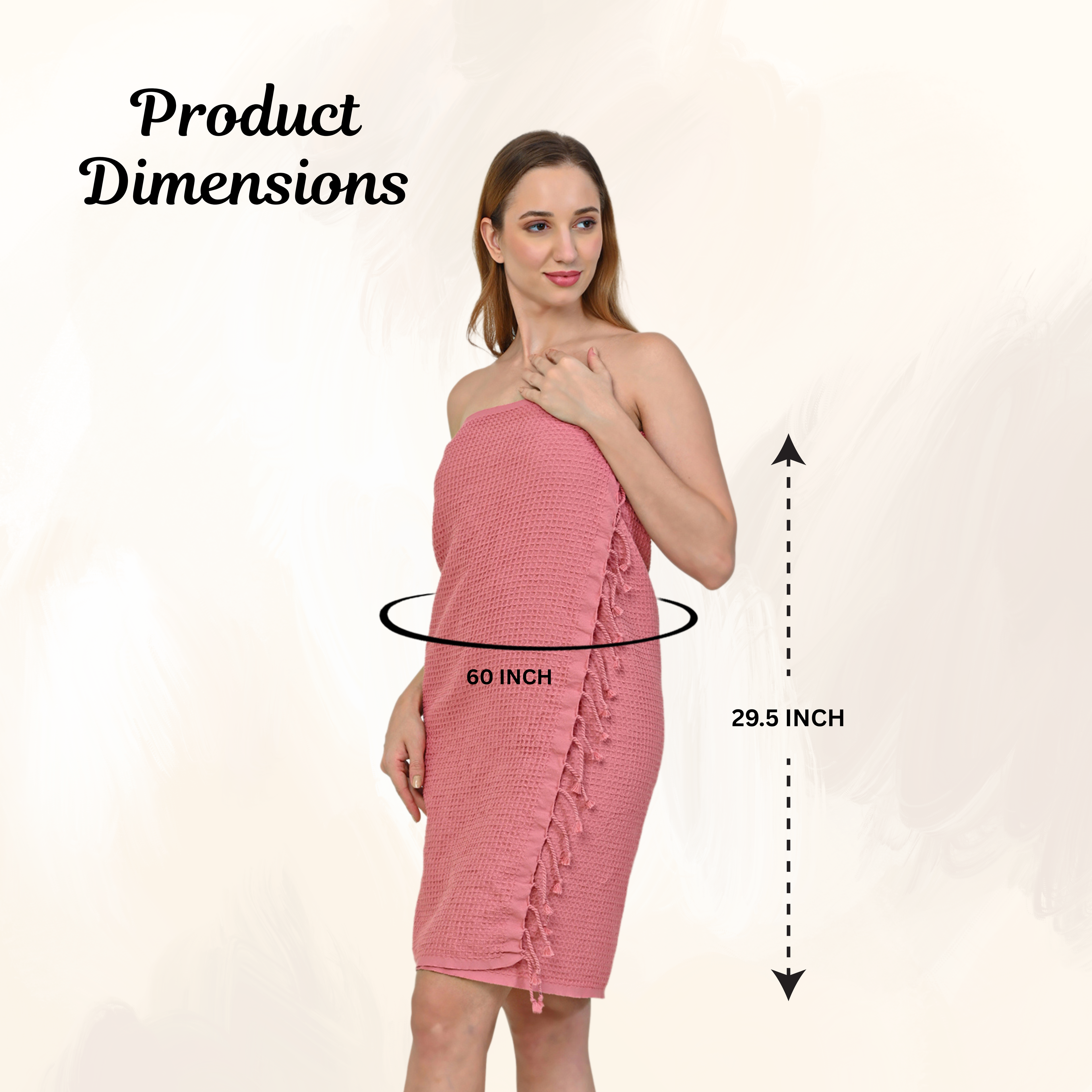 Woman wearing a Brick towel with product dimensions(29.5x60 inch)(PT-WFL-BRK)