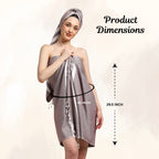 Woman wearing a burgundy bamboo towel with product dimensions labeled on a beige background(29.5x60 inch)(PT-BMB-BRG)