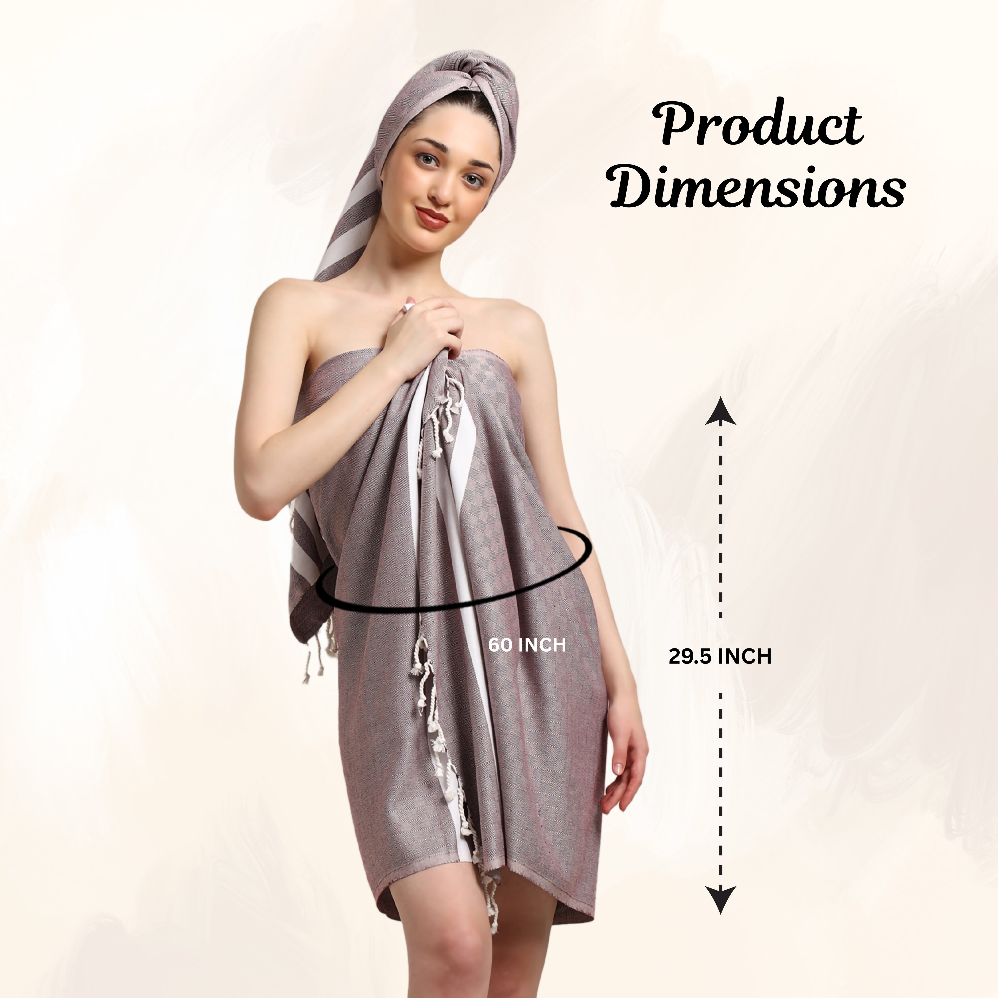Woman wearing a burgundy bamboo towel with product dimensions labeled on a beige background(29.5x60 inch)(PT-BMB-BRG)
