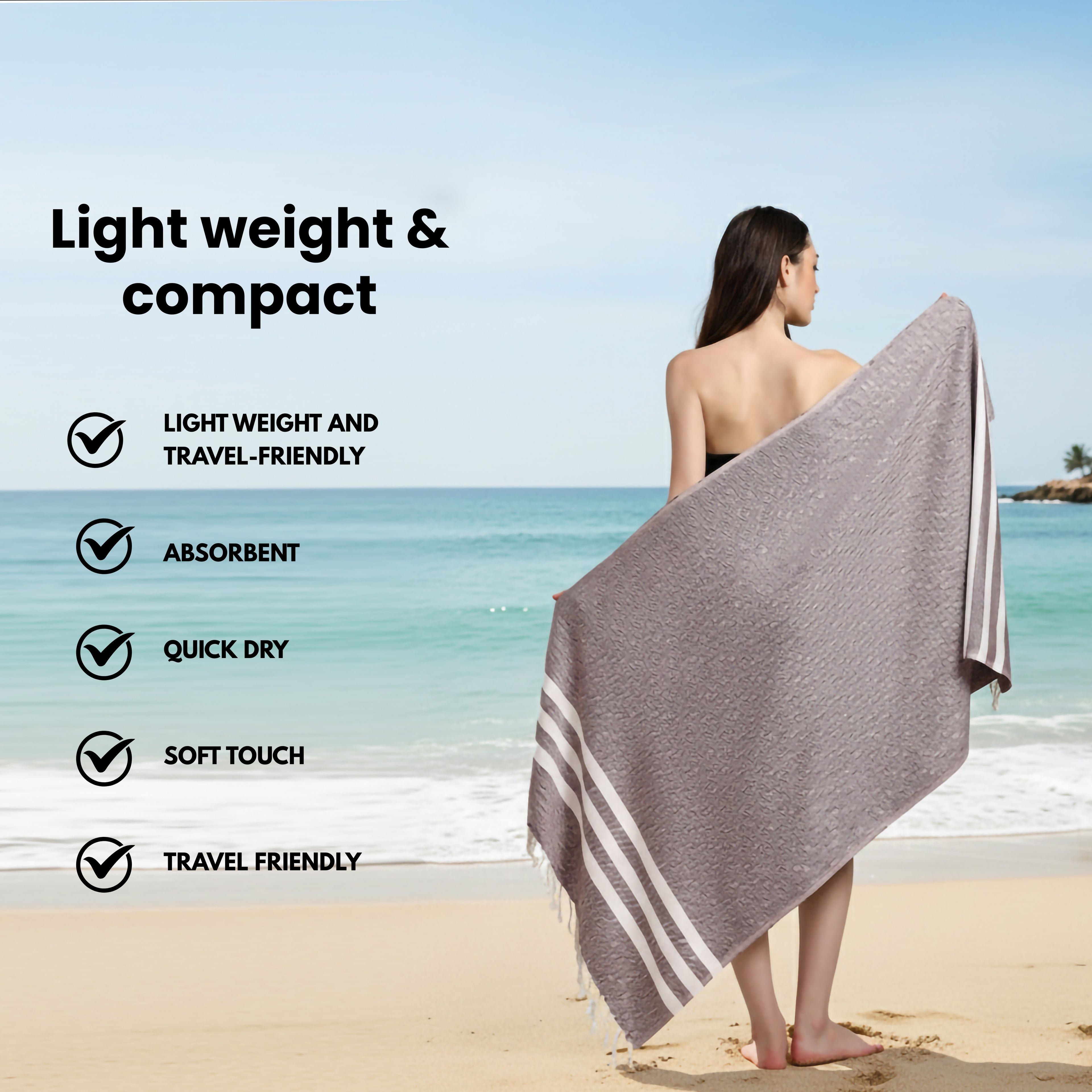 Person on a beach with a burgundy bamboo towel, text highlighting towel's features (PT-BMB-BRG)