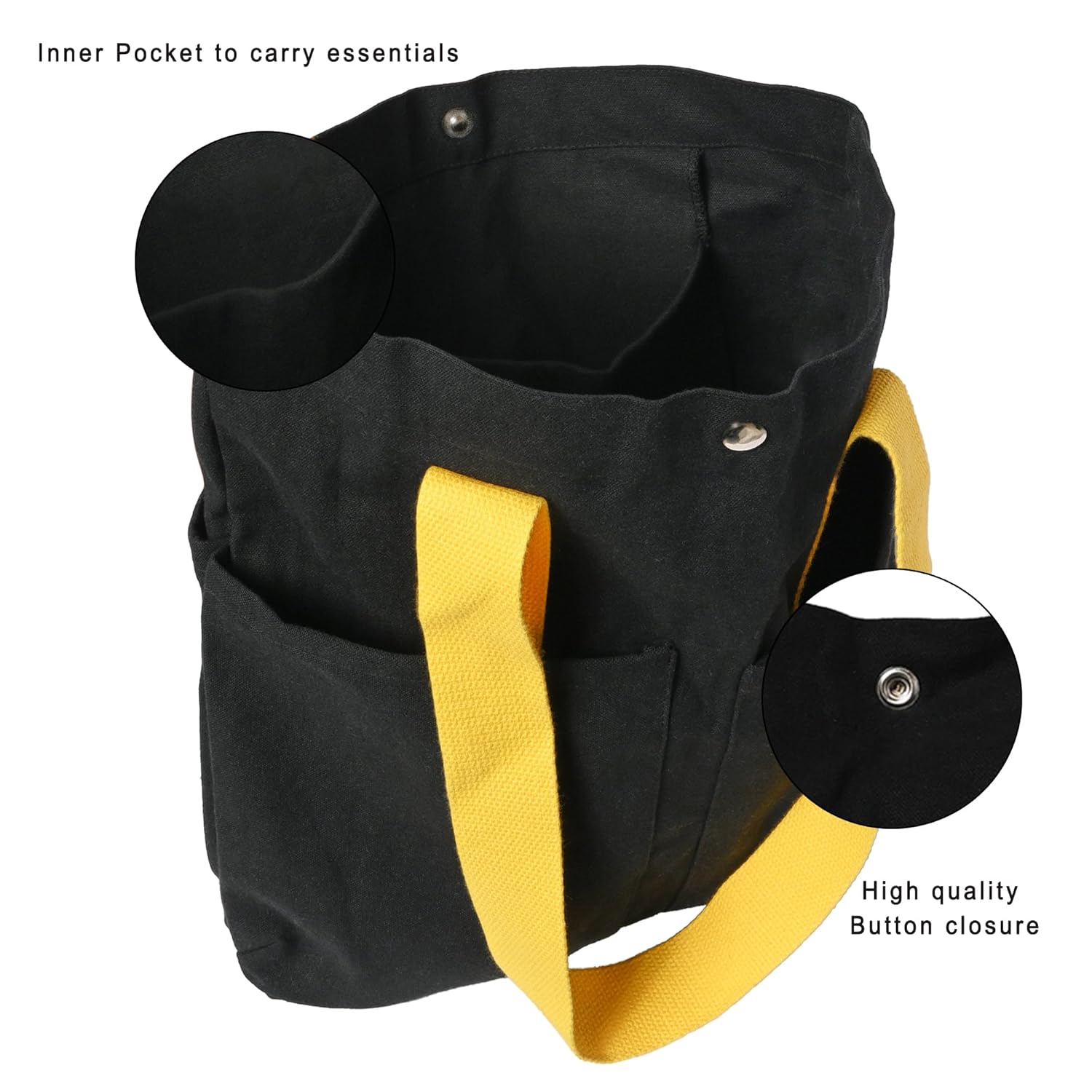 Image of Necavu cotton cloth tote bag, sunflower variant,inner view (specific features such as pockets & button)