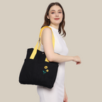 Black Cotton cloth tote bag with sunflower embroidery (PT-TRO-YLW)