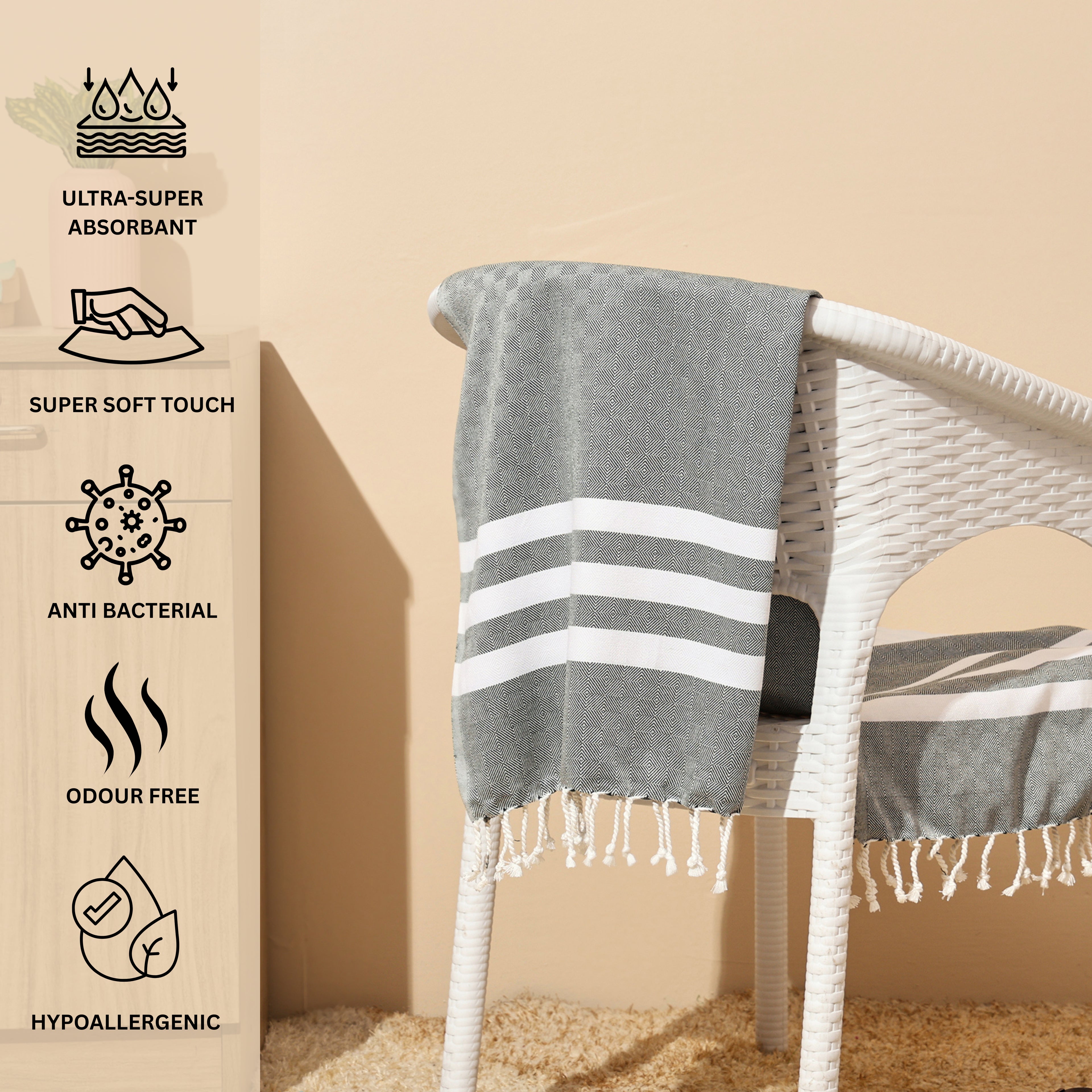 Emarald bamboo towels draped over a chair, featuring product attributes on the left.(PT-BMB-EMR)