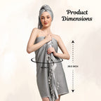 Woman wearing a emarald bamboo towel with product dimensions displayed (29.5x60 inch) (PT-BMB-EMR)