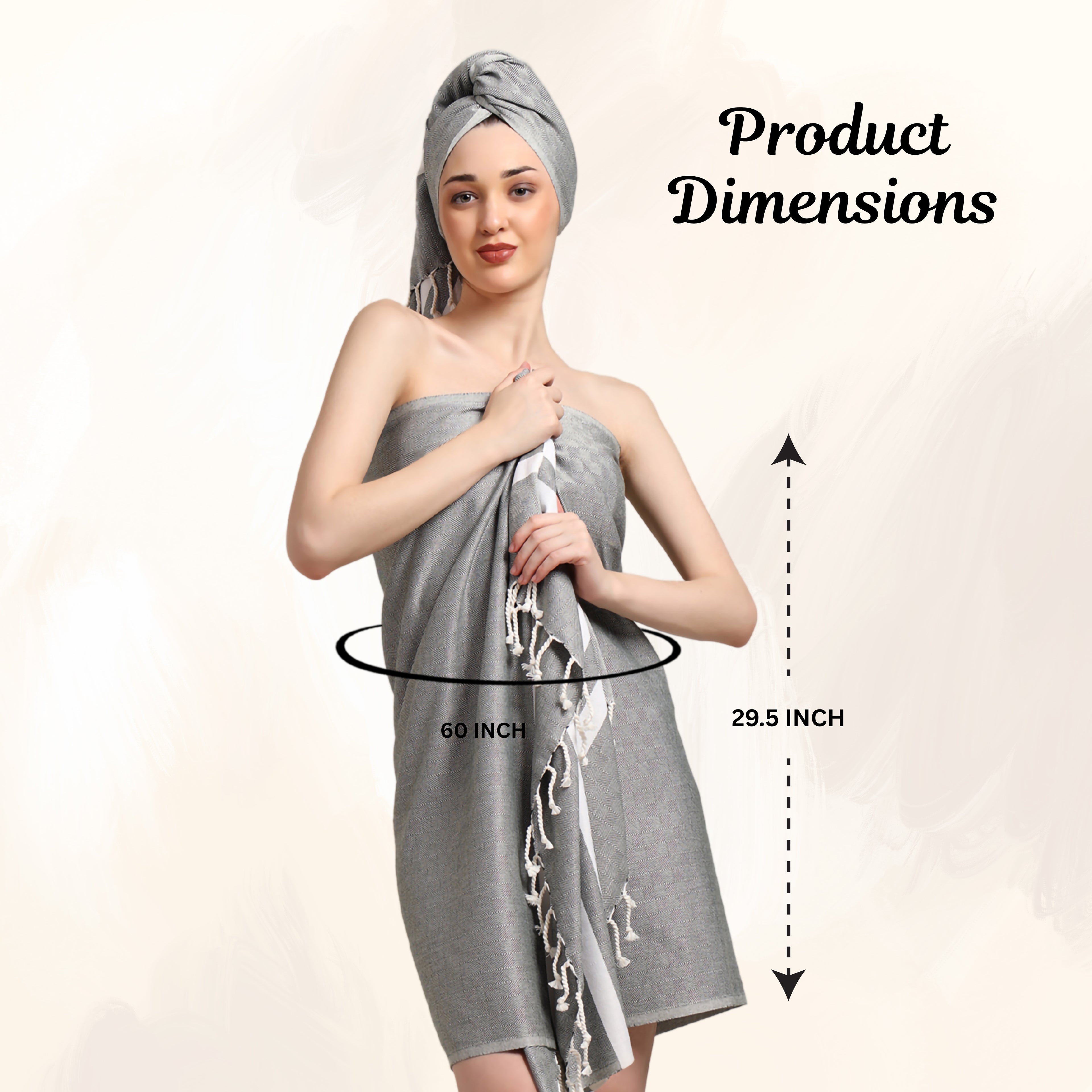 Woman wearing a emarald bamboo towel with product dimensions displayed (29.5x60 inch) (PT-BMB-EMR)