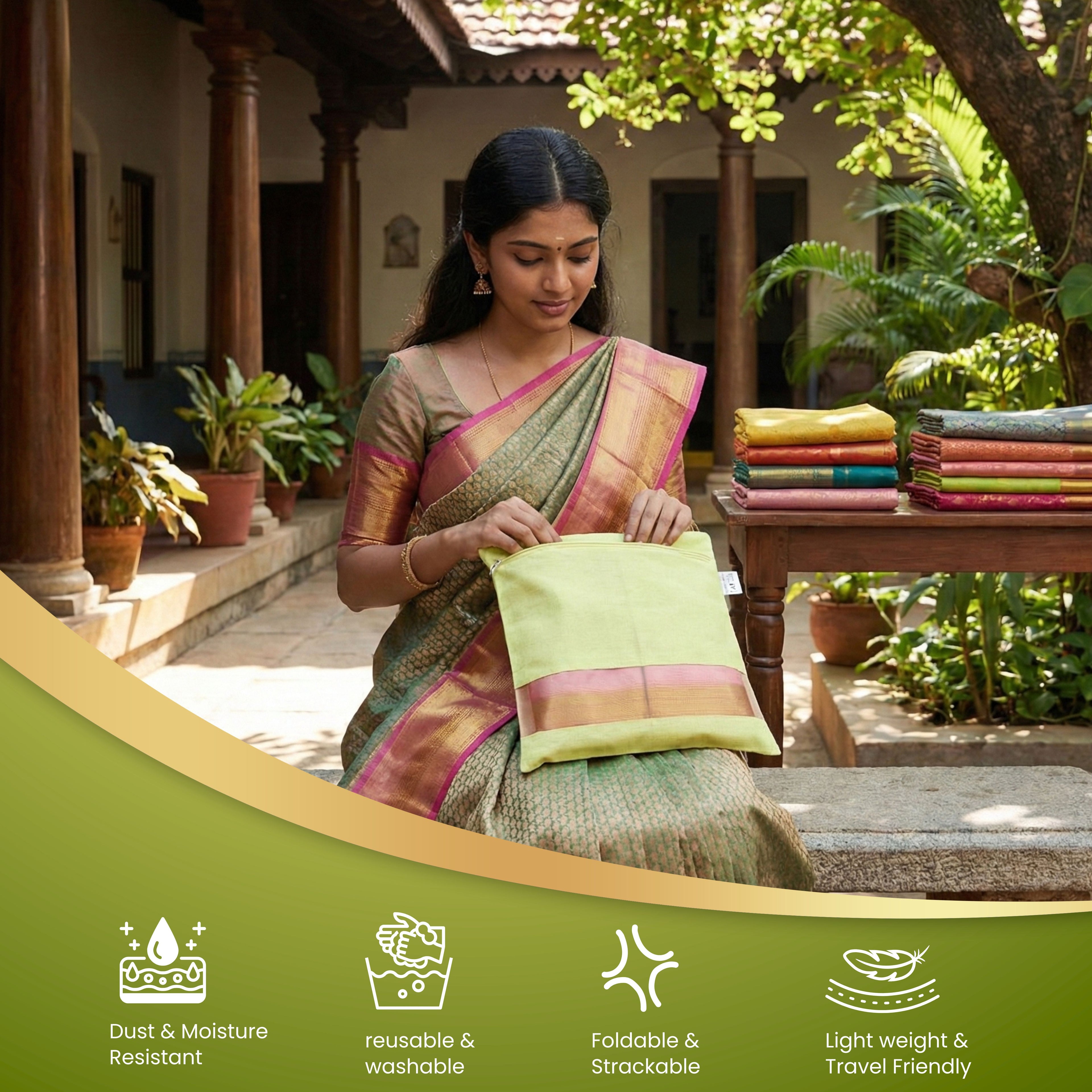 Woman holding a green Saree bag in an outdoor setting with folded fabrics on a table. (NC-SRZ-GRN)