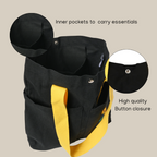 Black cotton bag with sunflower embroidery featuring inner pockets and high-quality button closure. (PT-TRO-YLW)