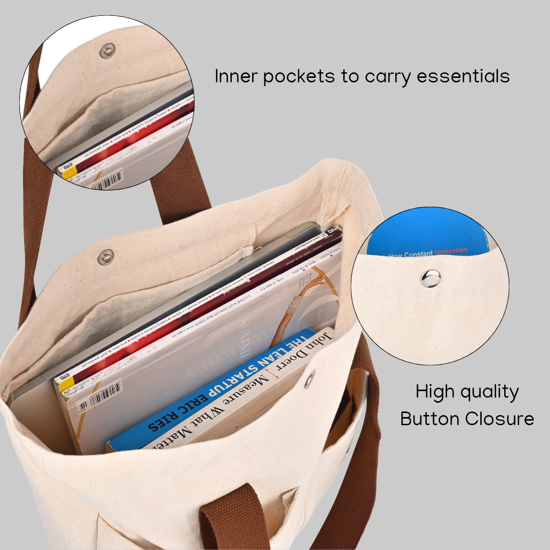 Beige bag with brown straps, showing inner pockets and high-quality button closure (PT-TRO-BRW)