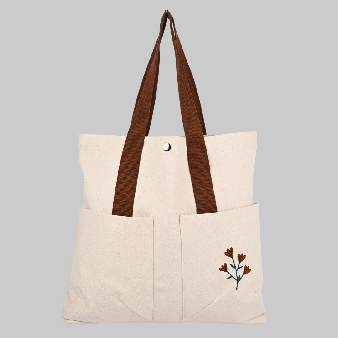Beige cotton tote bag with brown straps and floral embroidery (PT-TRO-BRW)